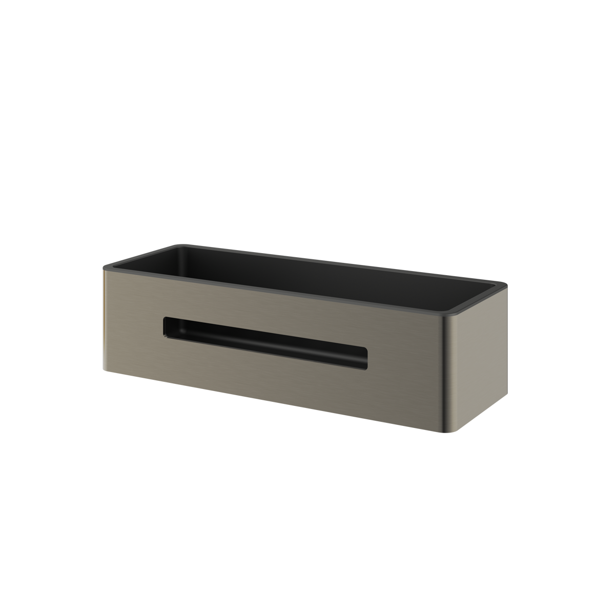 The Rensa rectangular shower basket in gunmetal grey, supplied by Deluxe Bathrooms.