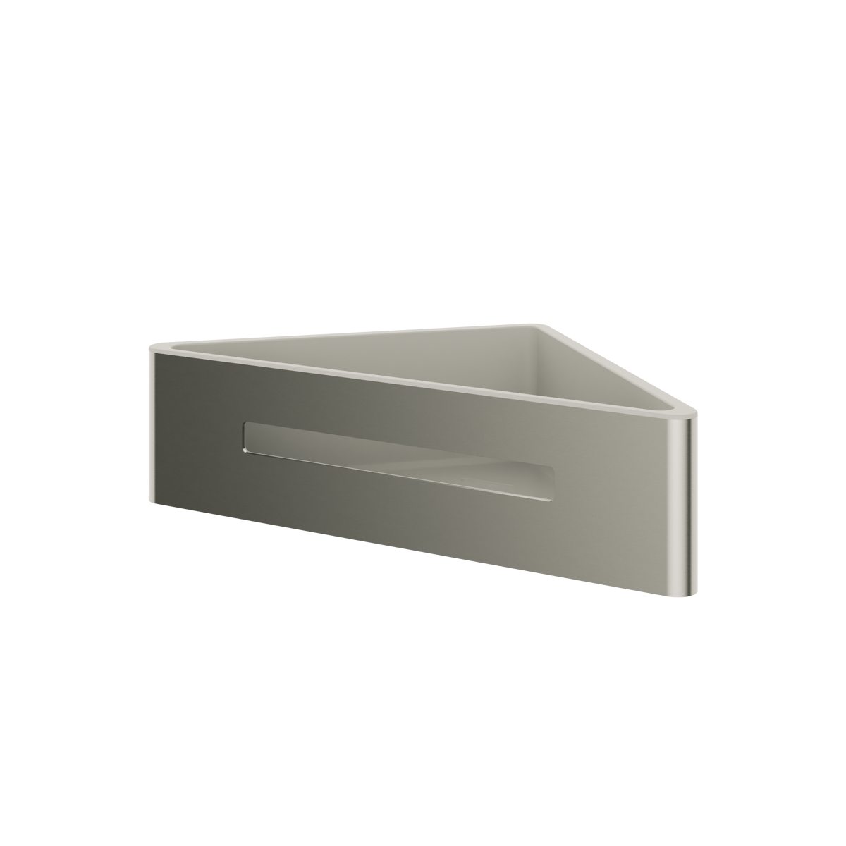 The Rensa corner shower basket in brushed-nickel, supplied by Deluxe Bathrooms.