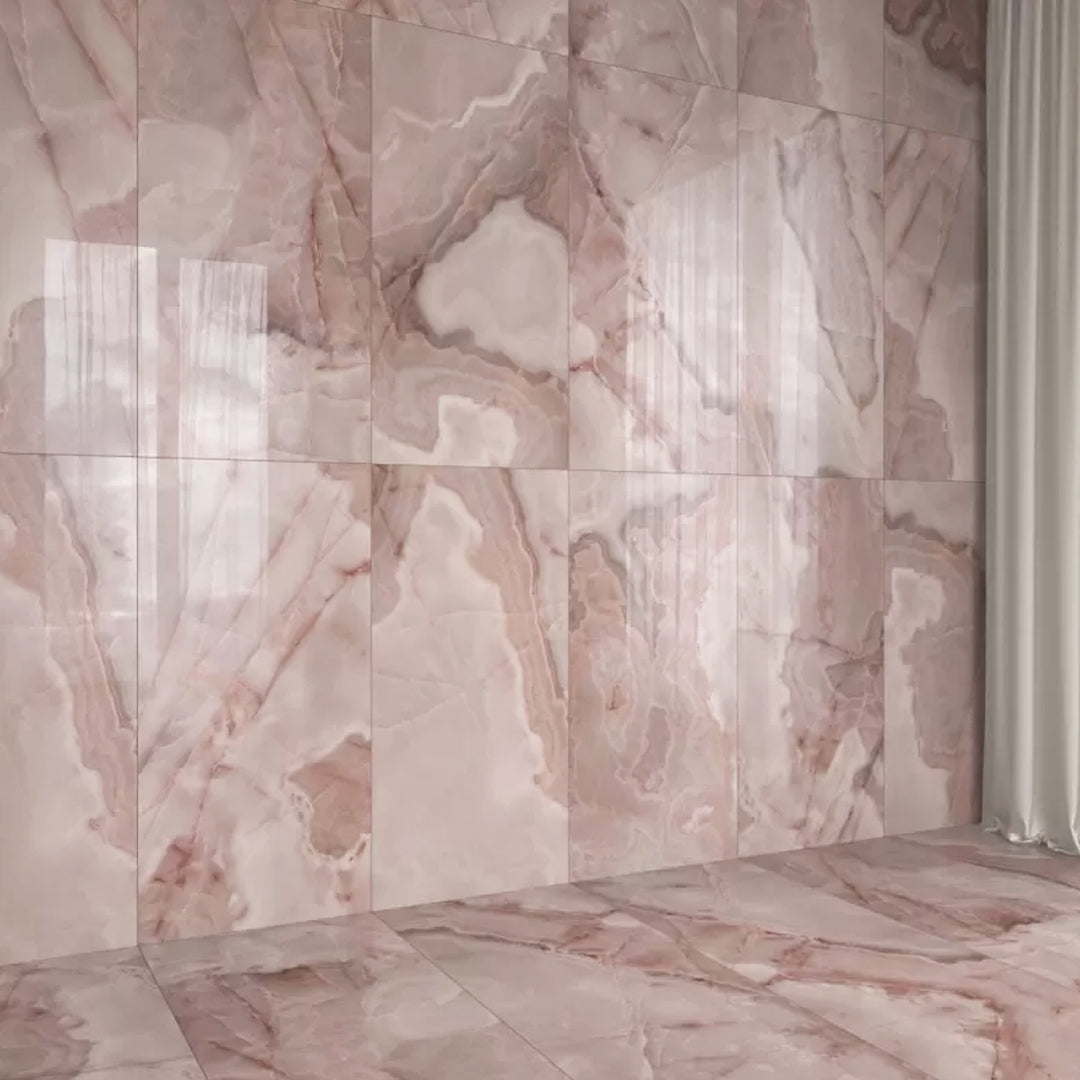 Photo of a demo installation of the Rêves Onyx Effect Rose Tile 60x120cm Porcelain, supplied by Deluxe Bathrooms.