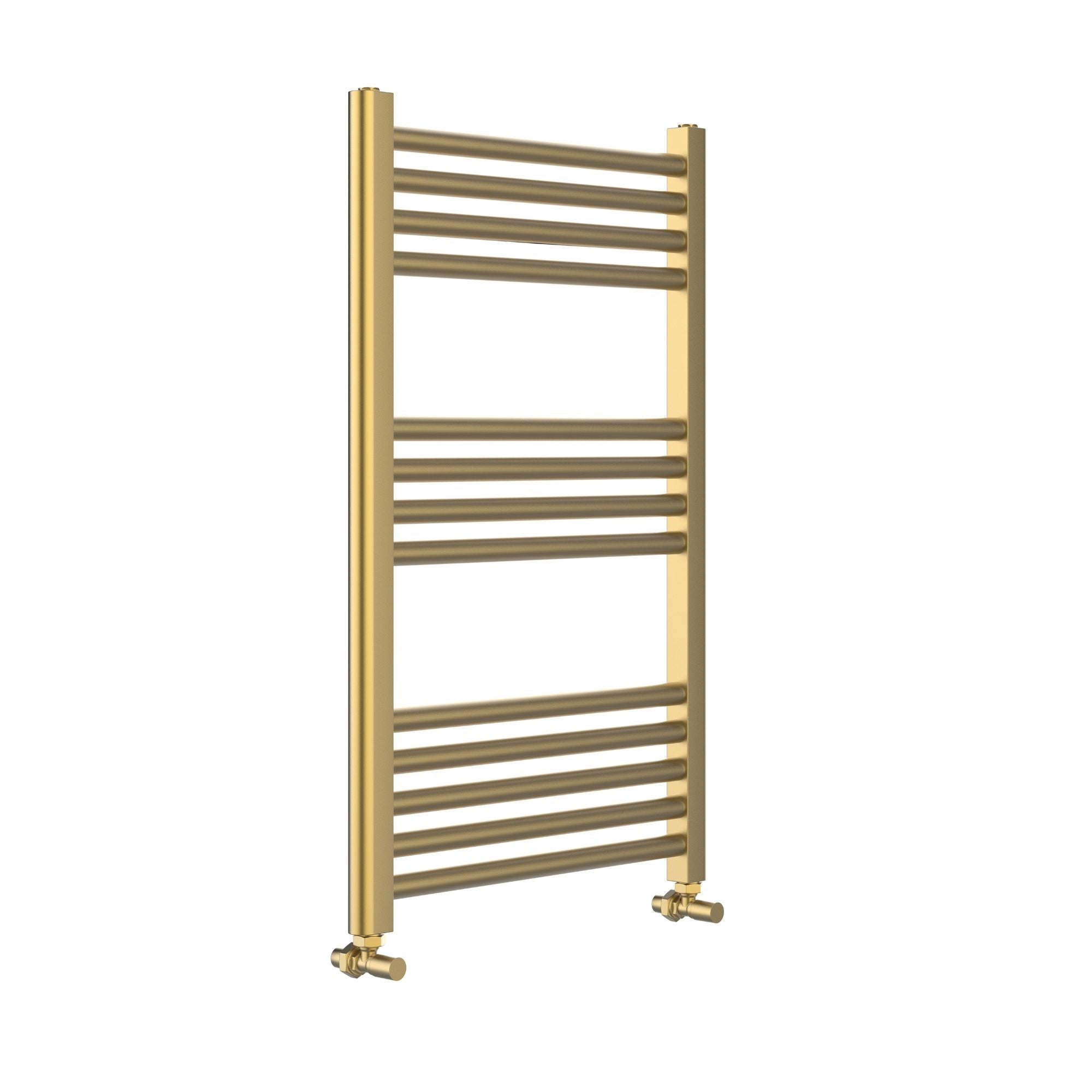Soho brushed brass towel radiator on a white background deluxe bathrooms