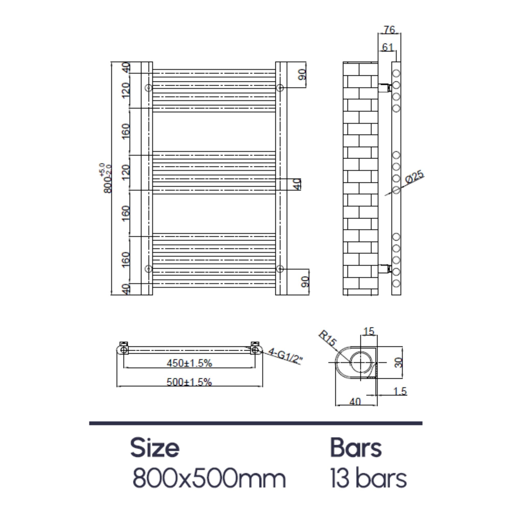 Technical drawing of soho radiator with dimensions and bar details deluxe bathrooms