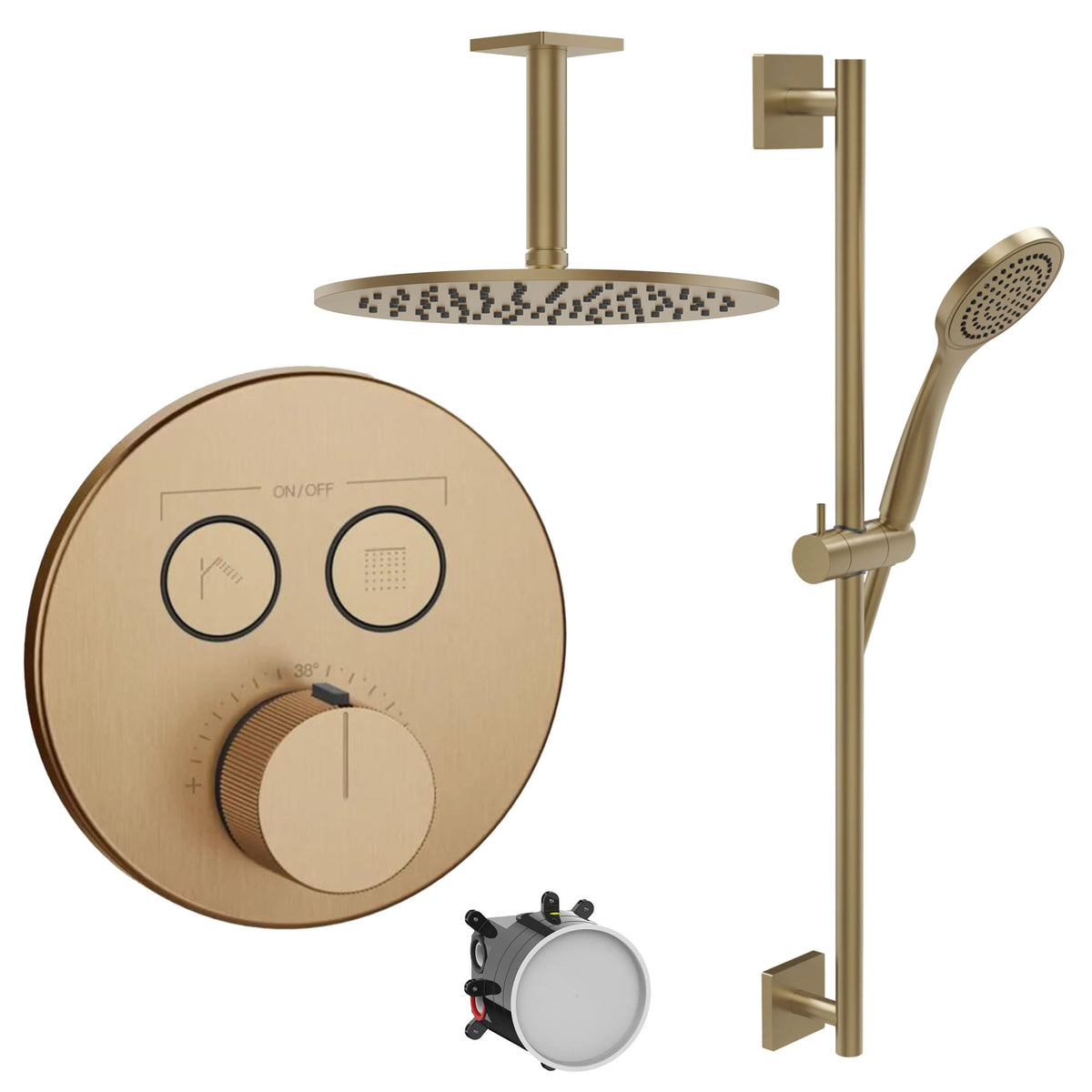 2 outlet thermostatic shower valve and slide rail handset with ceiling overhead warm brushed bronze