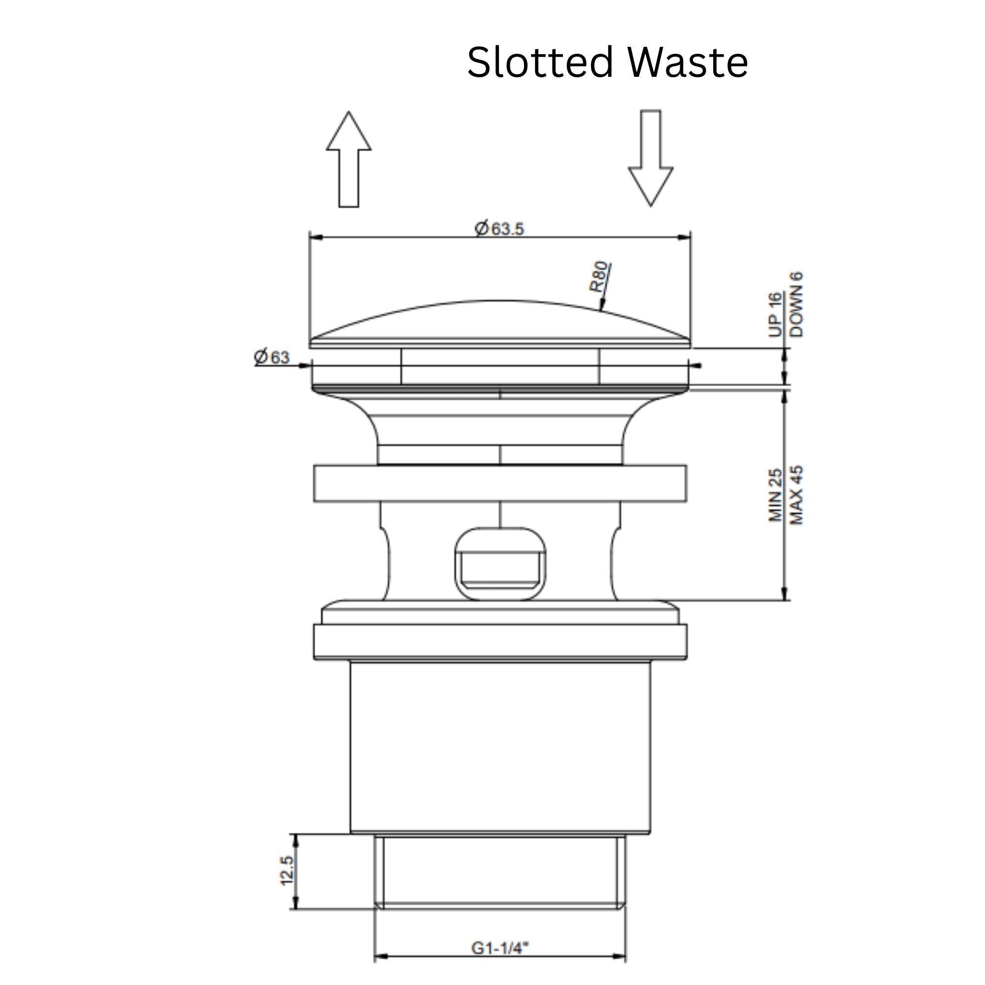 Technical drawing of slotted waste with dimensions and labels deluxe bathrooms.