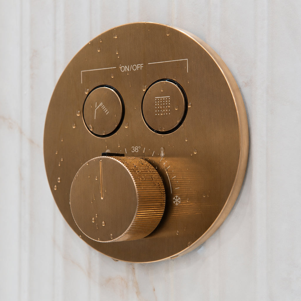 Speciale Dual Outlet Thermostatic Shower Valve Brushed Bronze Deluxe Bathrooms 