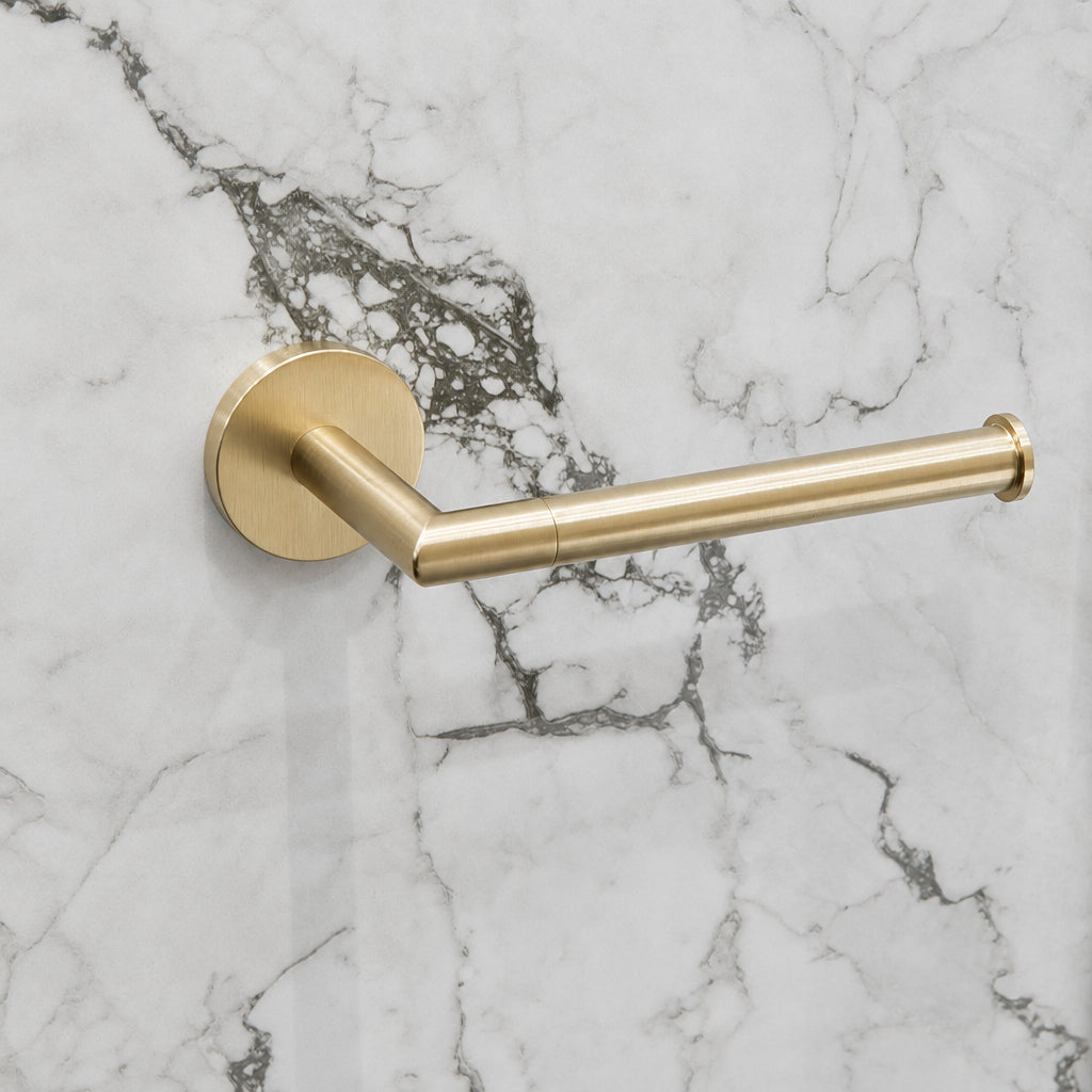 speciale Wall-Mounted Toilet Roll Holder - Brushed Brass Gold at Deluxe Bathrooms Showroom