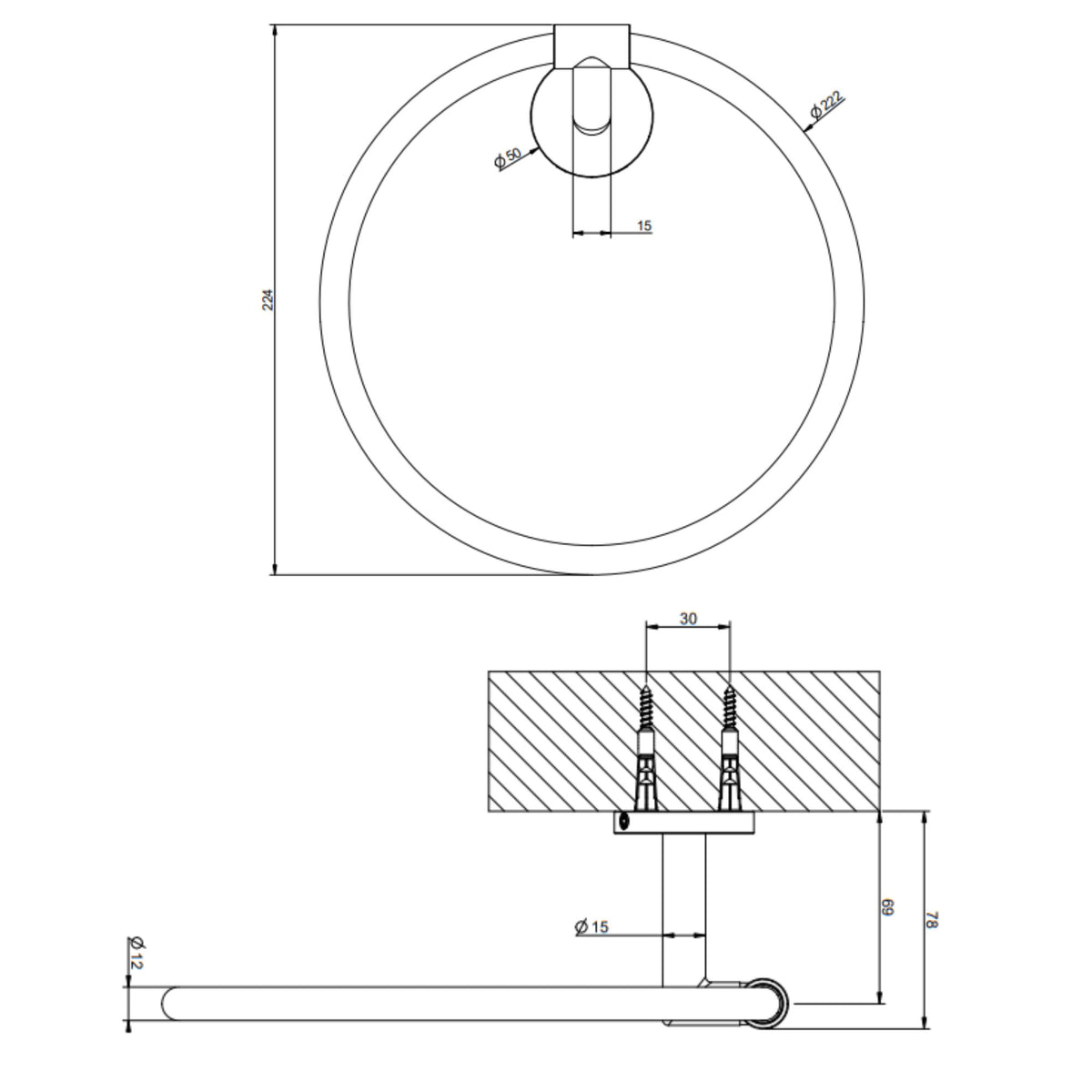 Towel Ring Technical Drawing with Dimensions Deluxe Bathrooms