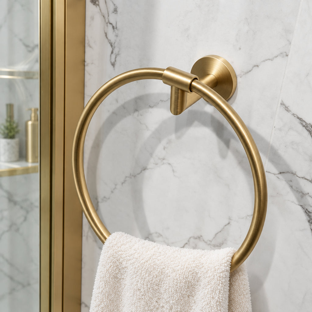 Brushed Brass Towel Ring On at Deluxe Bathrooms Showroom