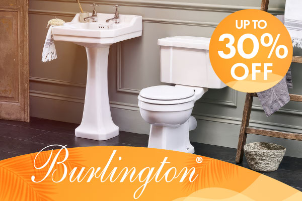 Bathroom setting with a toilet and sink, featuring Burlington branding and a discount offer.