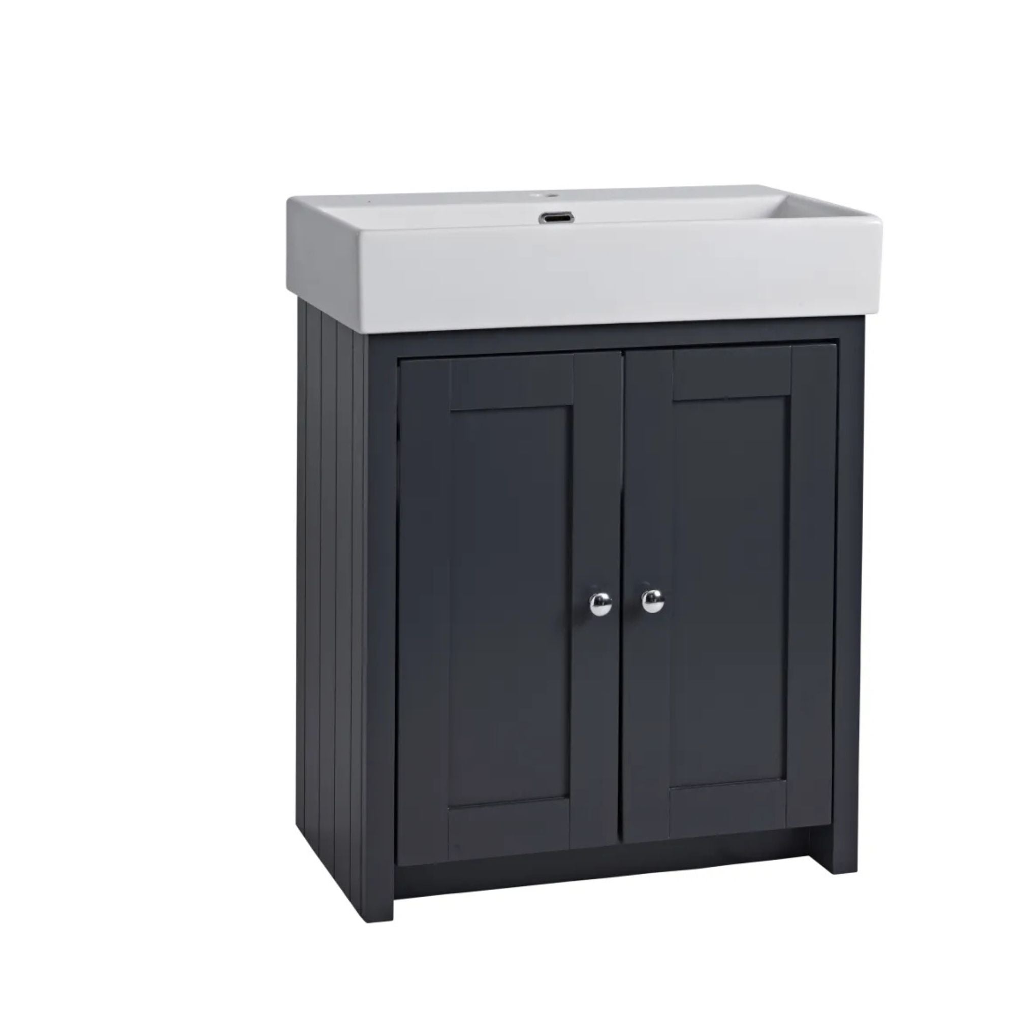 Tavistock lansdown matt dark grey bathroom vanity with white countertop on a white background deluxe bathrooms