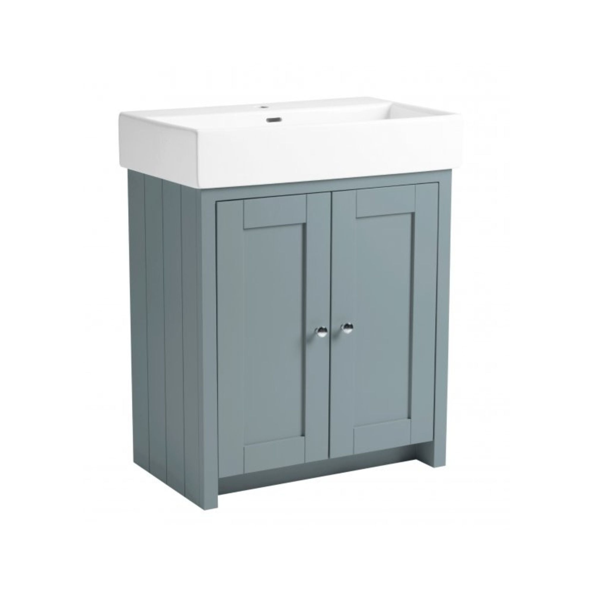 Tavistock lansdown mineral blue bathroom vanity with white countertop on a white background deluxe bathrooms