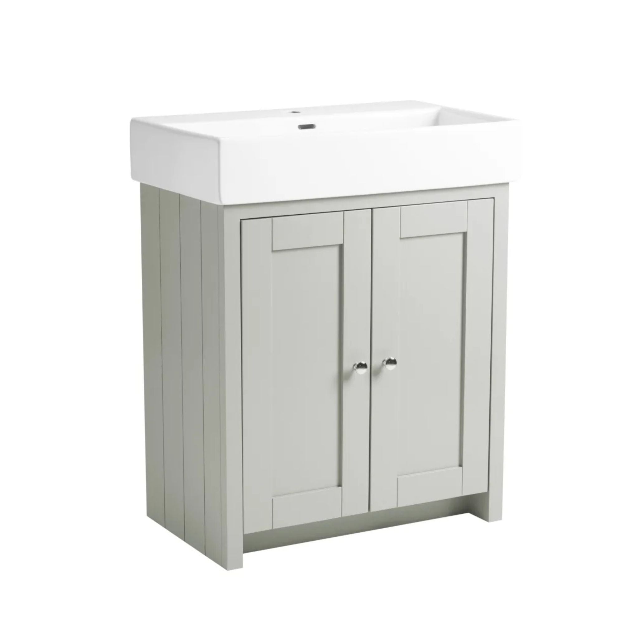Tavistock lansdown pebble grey bathroom vanity with white countertop on a white background deluxe bathrooms