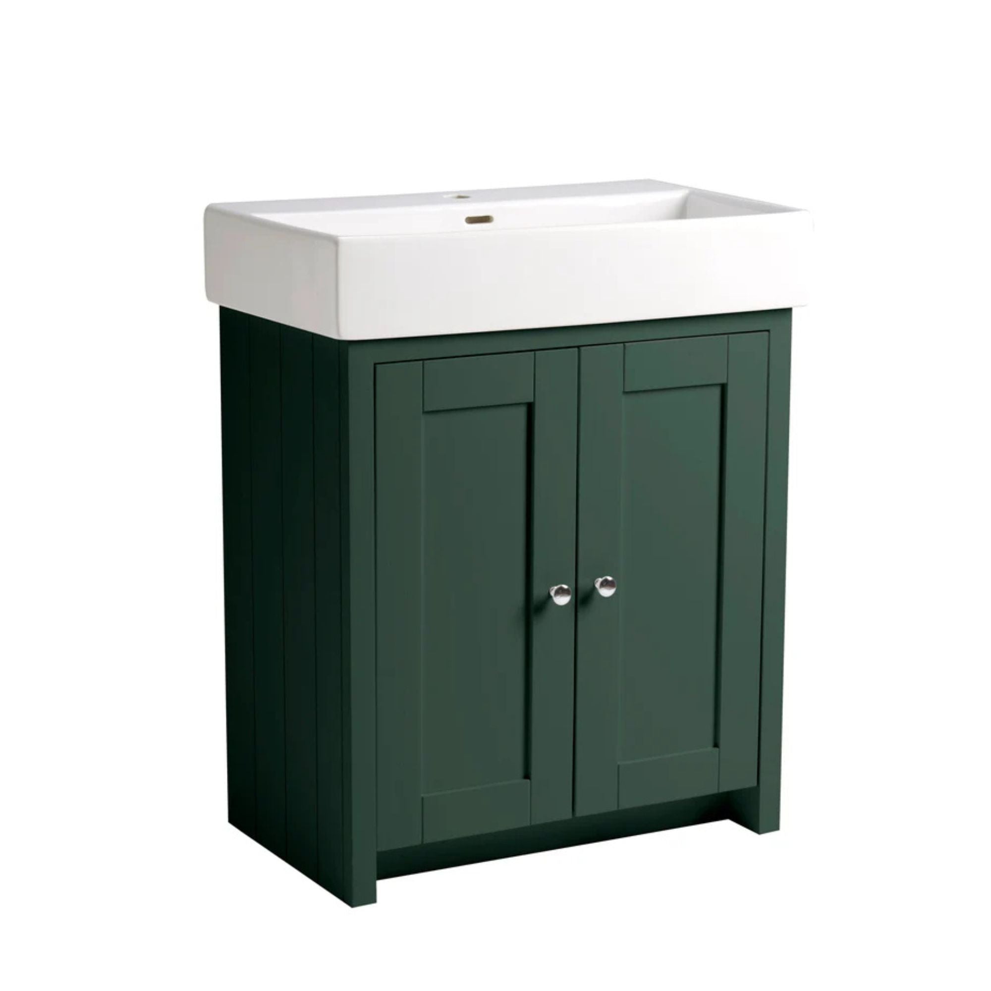Tavistock lansdown sherwood green bathroom vanity with white countertop on a white background deluxe bathrooms