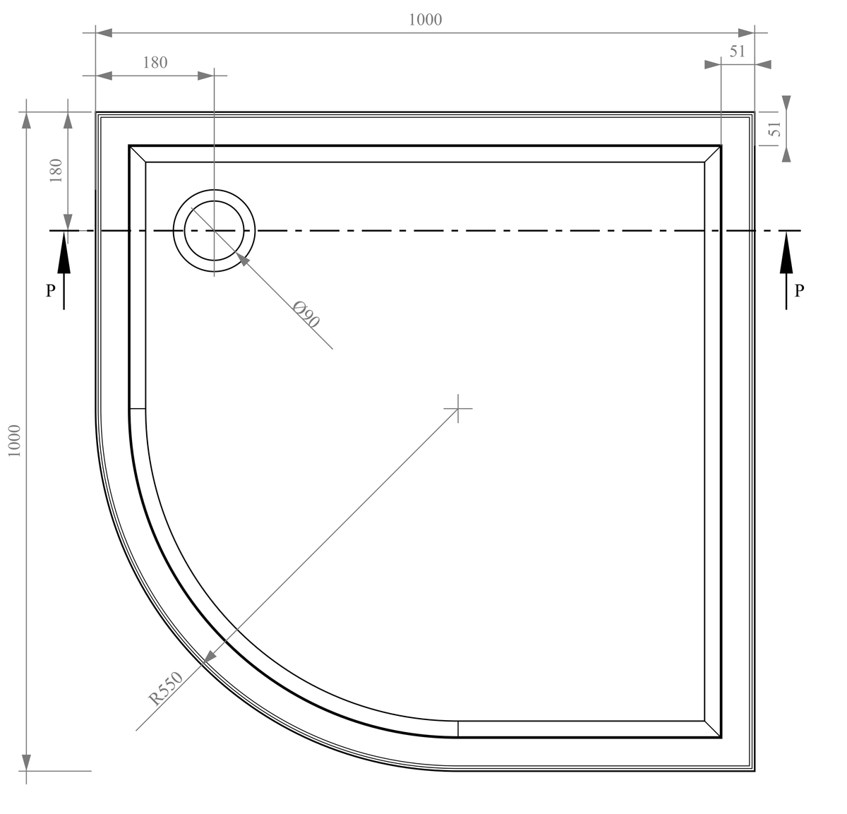 Technical line drawing of a Deluxe Quadrant 1000x1000px curved shower tray with dimension measurements. Supplied by Deluxe Bathrooms.