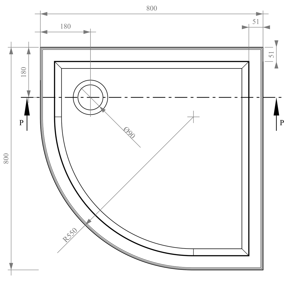Technical line drawing of a Deluxe Quadrant 800x800px curved shower tray with dimension measurements. Supplied by Deluxe Bathrooms.