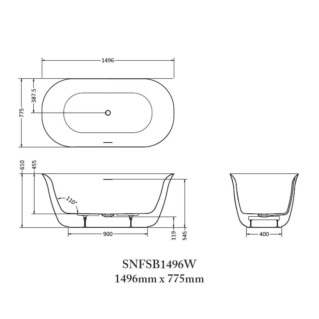 Technical dimensions diagram of the Burlington Strand Freestanding White Acrylic 1496mm length bath, supplied by Deluxe Bathrooms. 