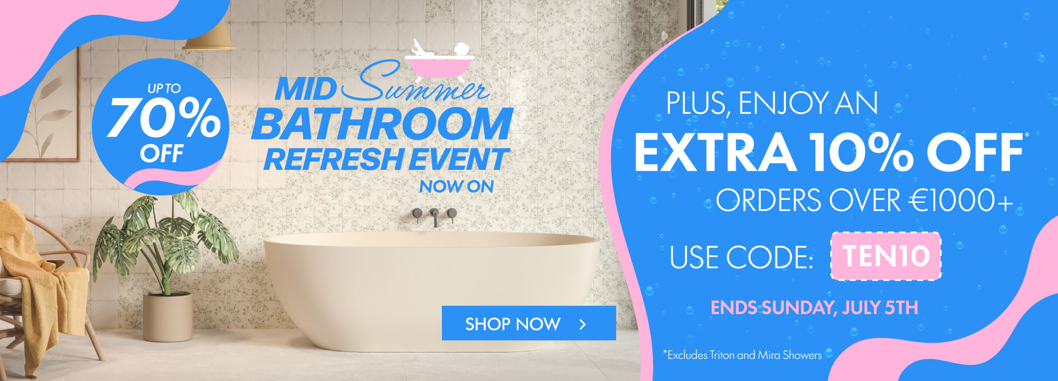 Promotional banner for a bathroom refresh event with discounts and a call to action.