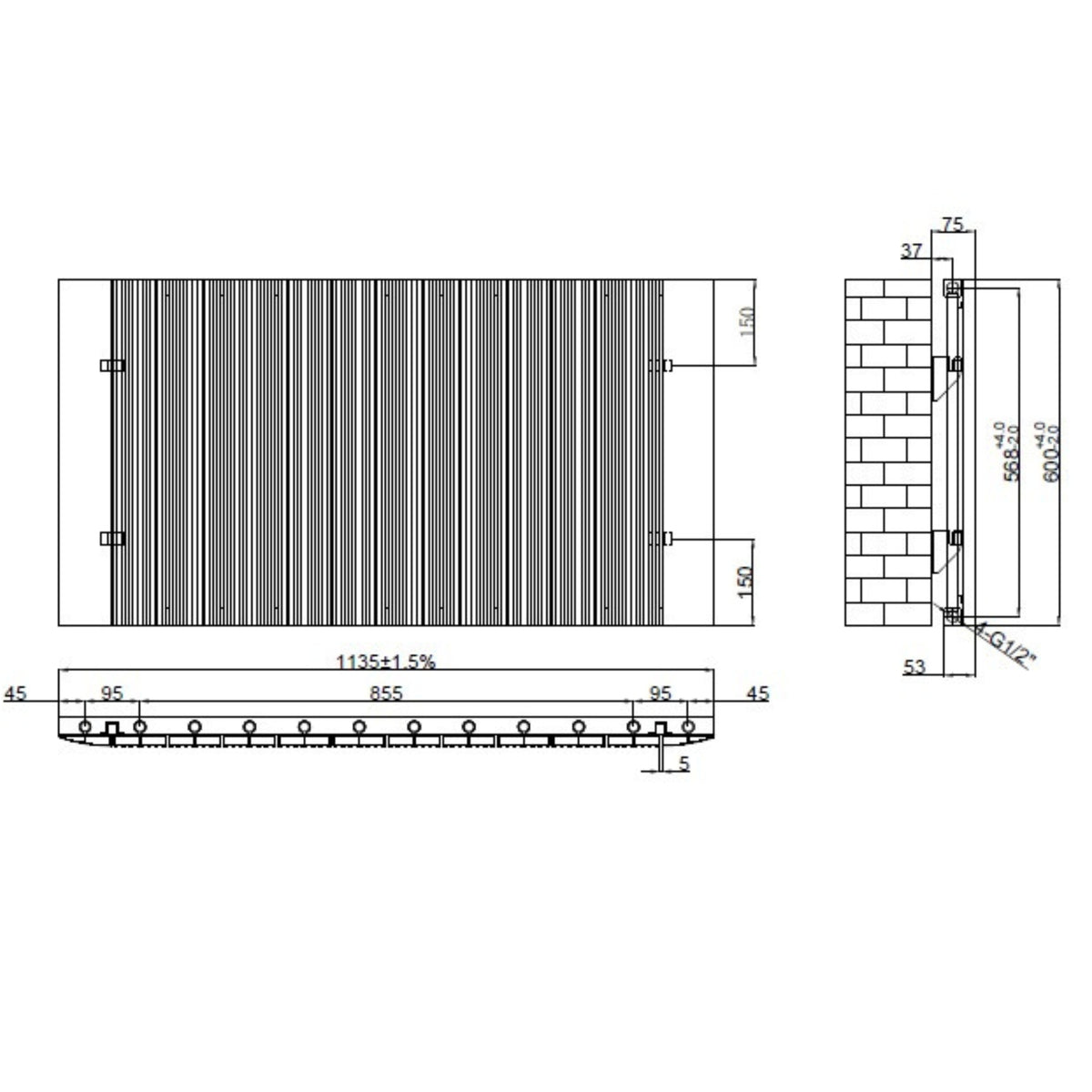Tonbridge 600x1135mm Aluminium Flat Panel Radiator Technical Drawing