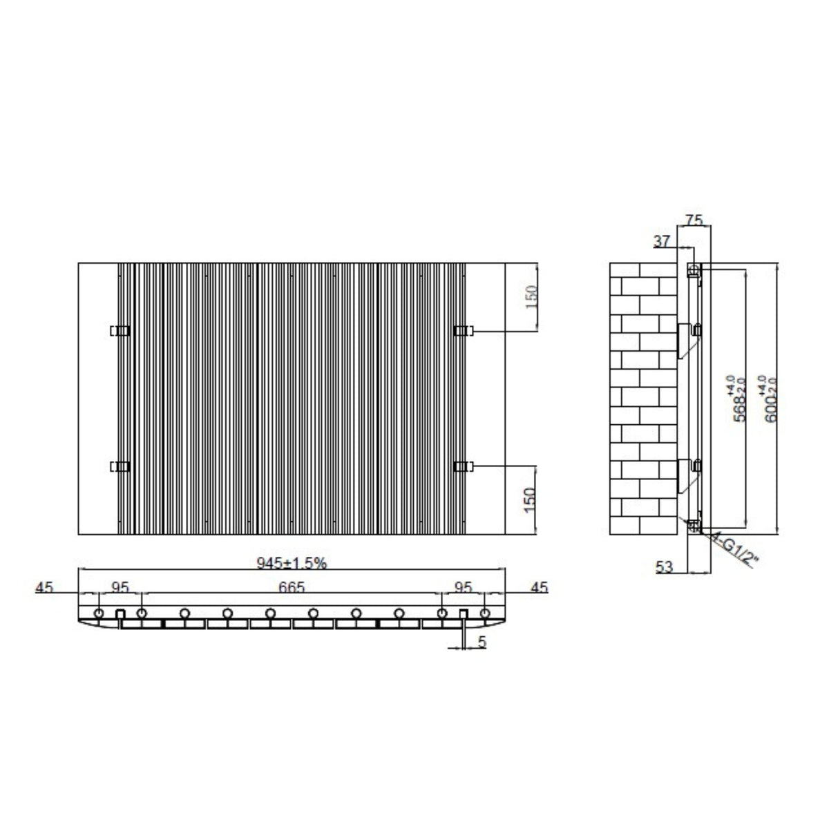 Tonbridge 600x945mm Aluminium Flat Panel Radiator Technical Drawing