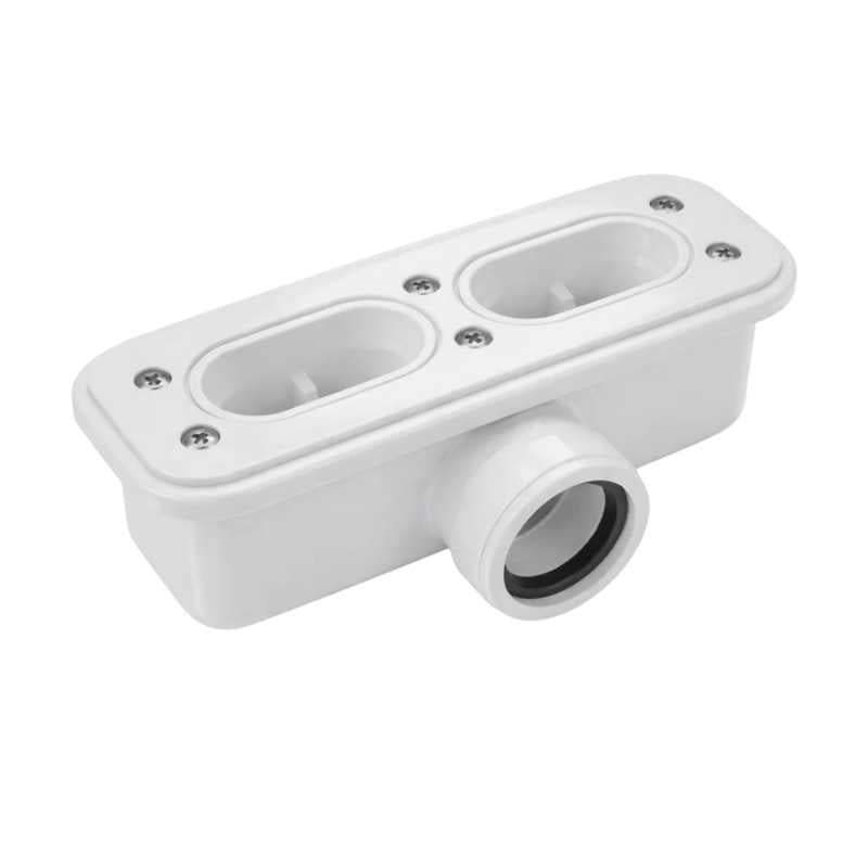 A white plastic double-bowl sink drain assembly with a single outlet pipe, shown on a solid white background.