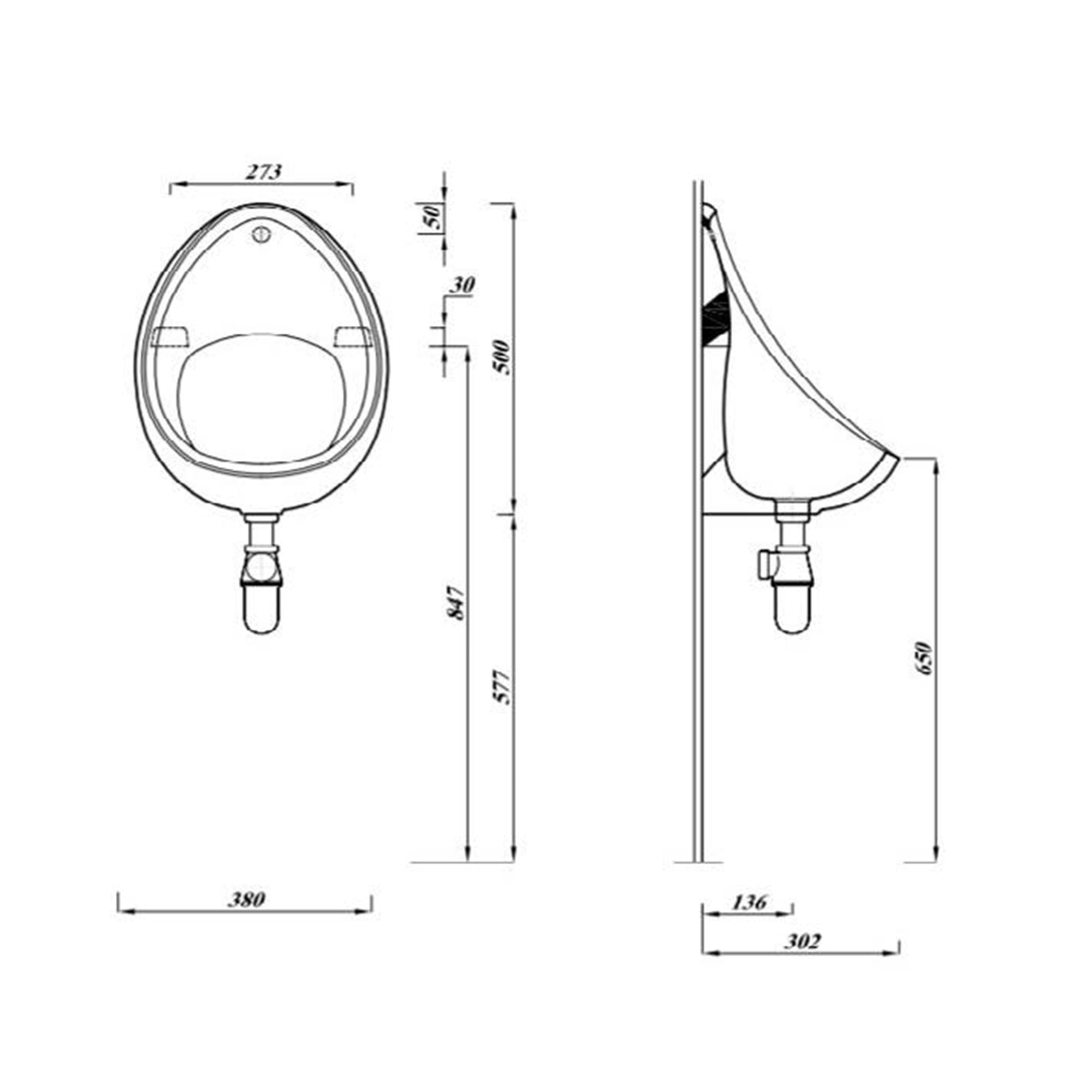 urinal bowl exposed 500mm gloss white dimensions