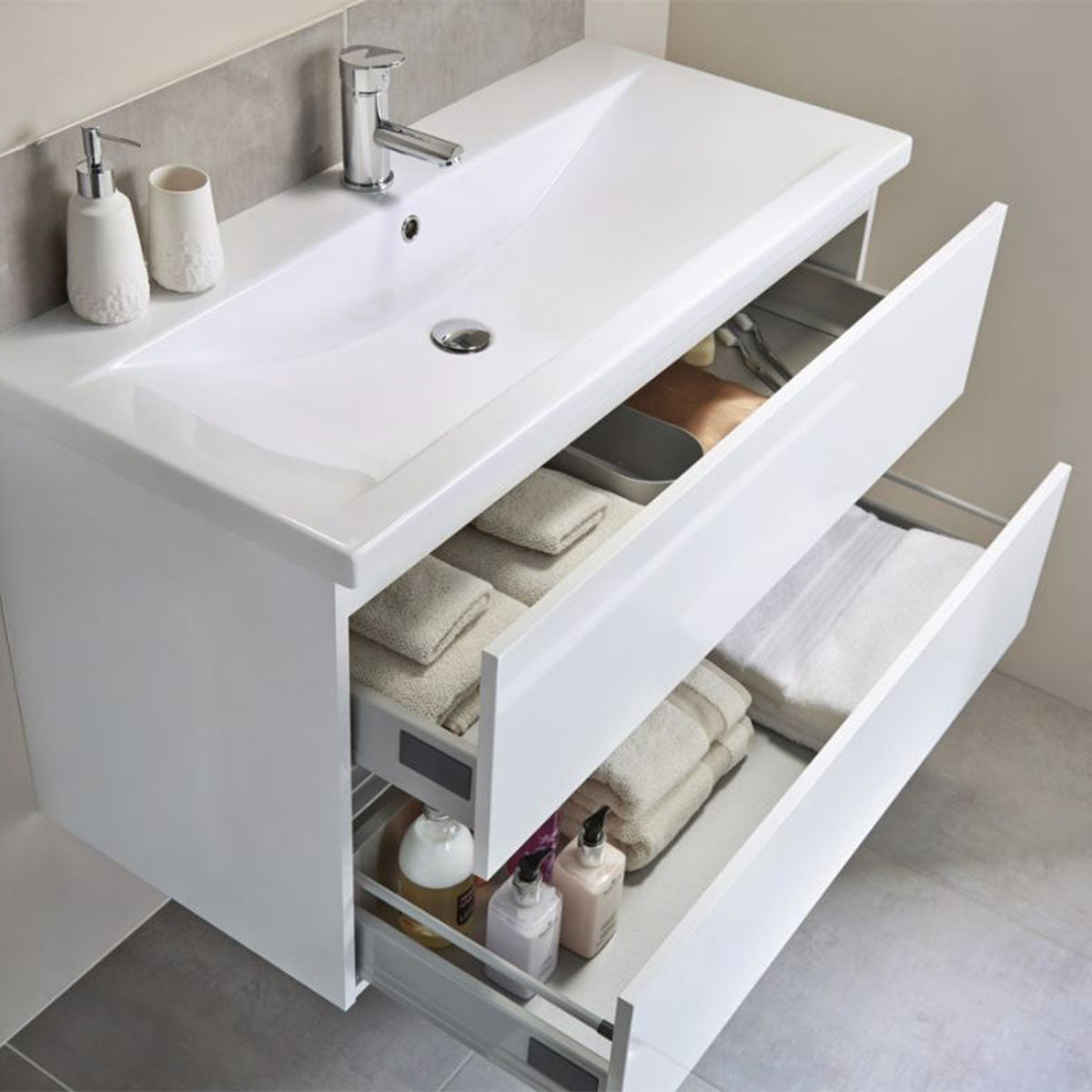 utopia qube 800mm 2 drawer wall hung vanity unit with ceramic basin white gloss