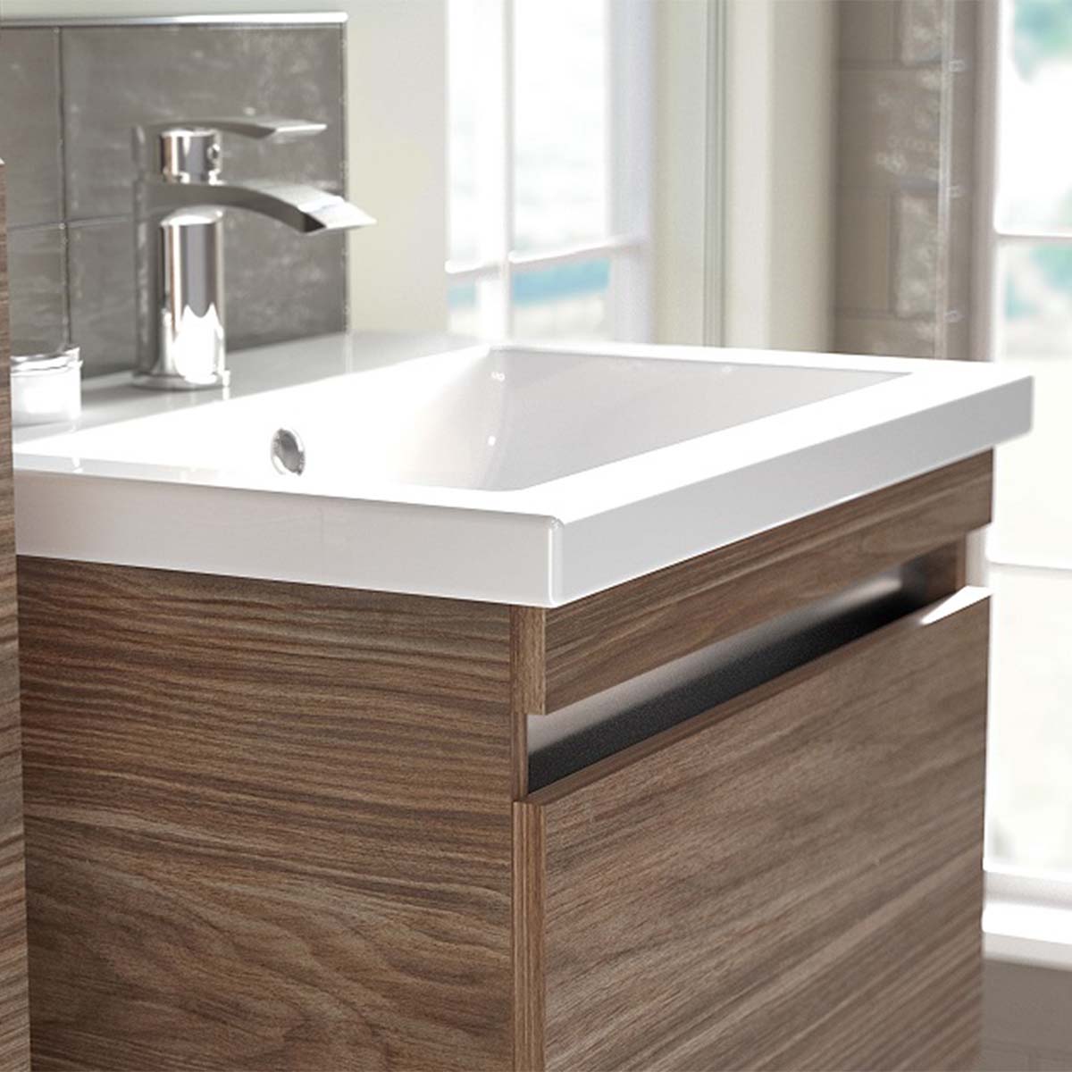 utopia qube compact 600mm 2 drawer wall-hung-vanity unit with ceramic basin sorrento walnut