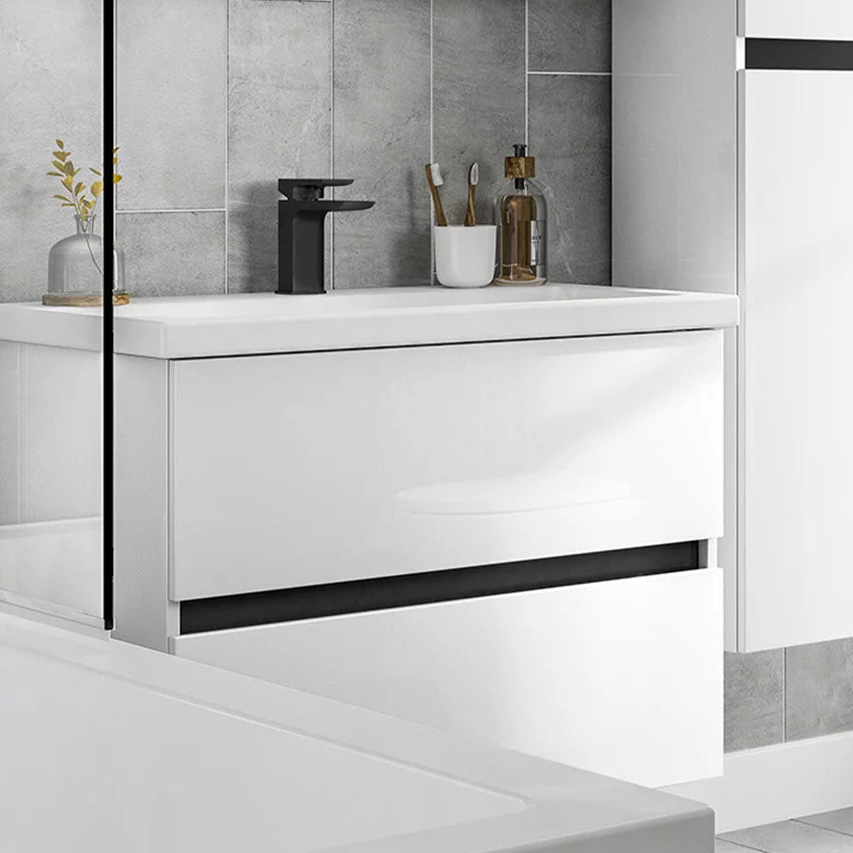 utopia qube compact 600mm 2 drawer wall-hung-vanity unit with ceramic basin white gloss