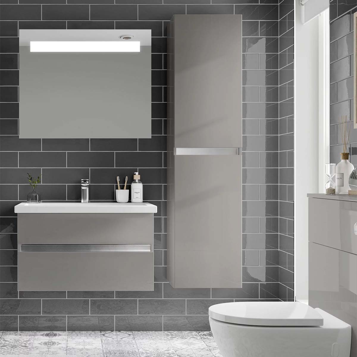 utopia qube compact 800mm 2 drawer wall-hung-vanity unit with ceramic basin pebble grey