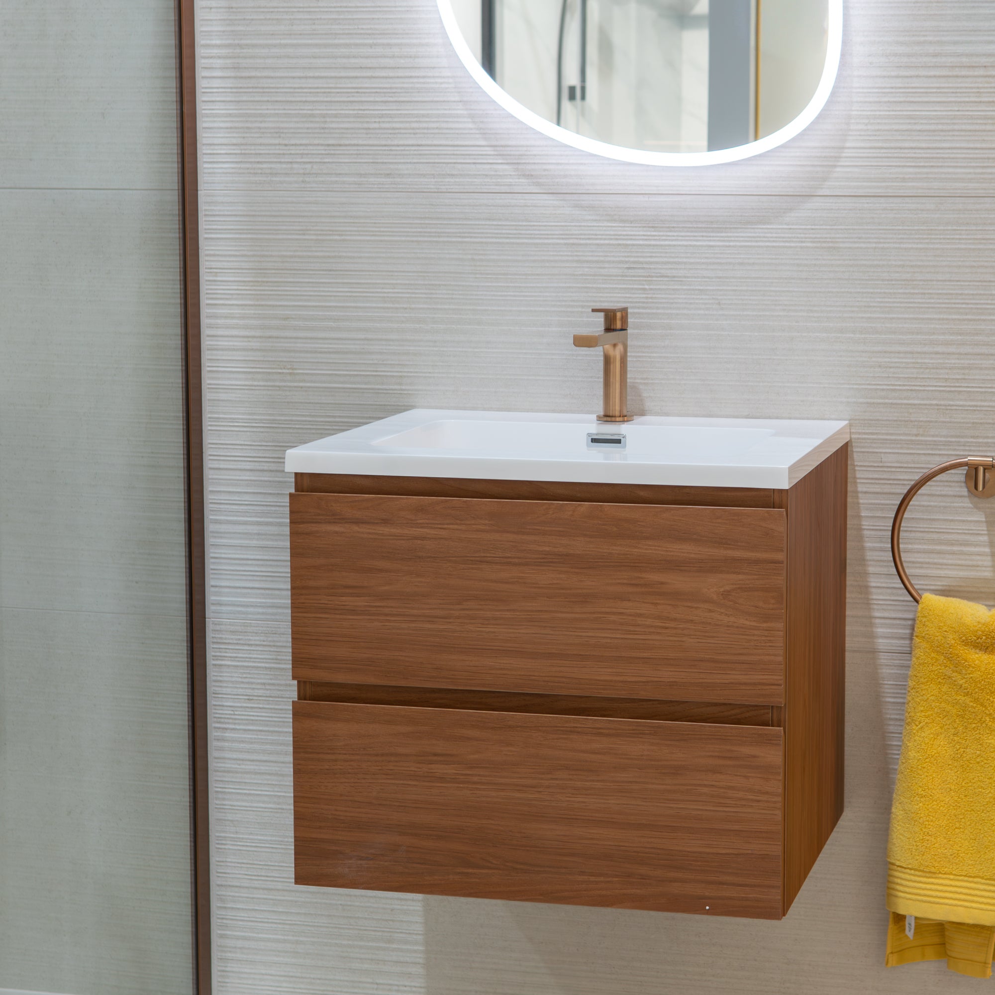Granlusso™ Rocco Walnut Wall Mounted Vanity Unit With Gloss White Washbasin