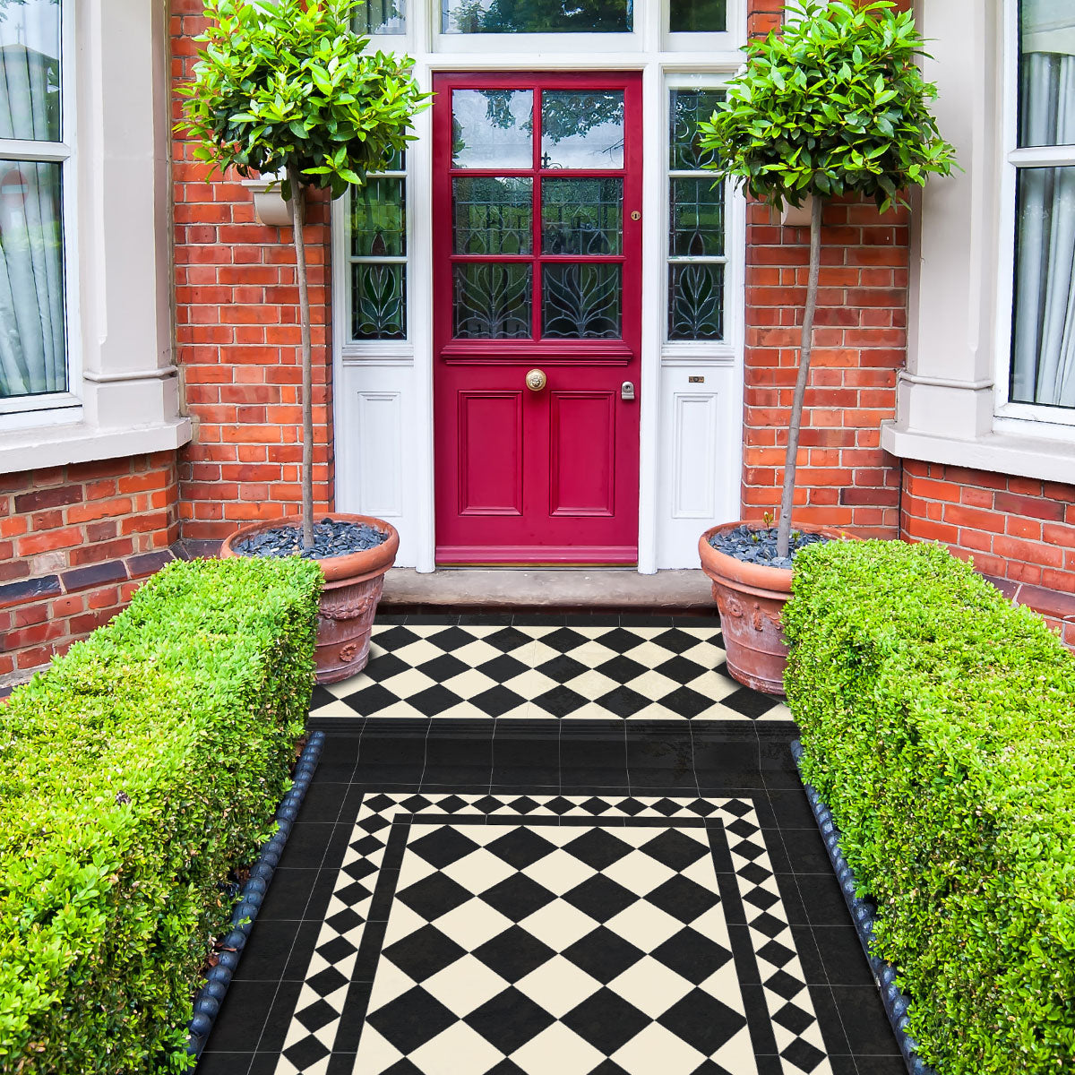 Classic Victorian Black and white Porcelain Tile 10x10cm Matt in chequerboard pattern at a porch