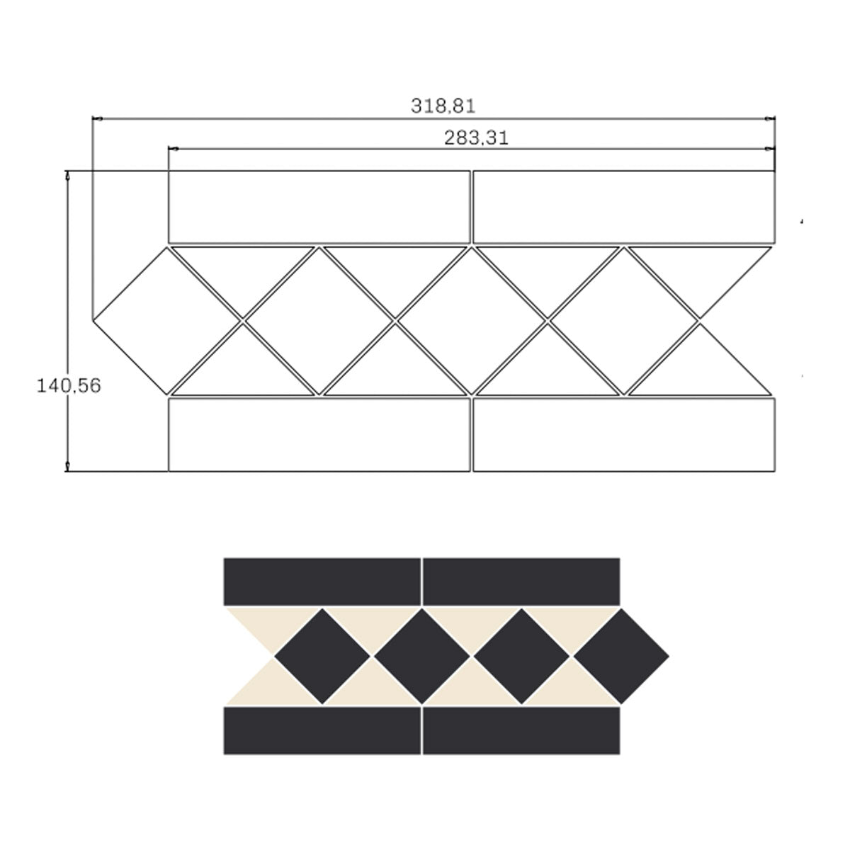 Victorian Black And White Mosaic Border Tile dimensions