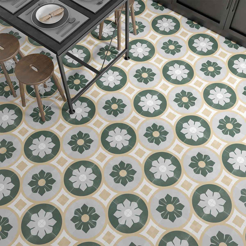 Aruba Bloom Green Pattern Porcelain Tile 22.3 x 22.3cm Matt Lifestyle