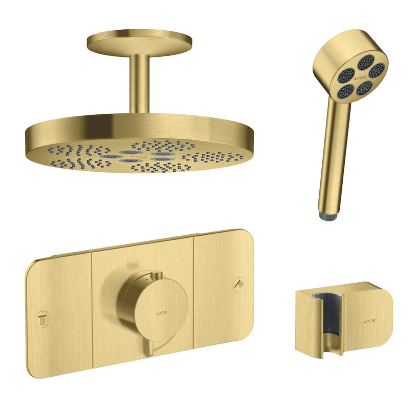 Axor One 2 Outlet Thermostatic Valve with Overhead and Handheld Shower Brushed Brass