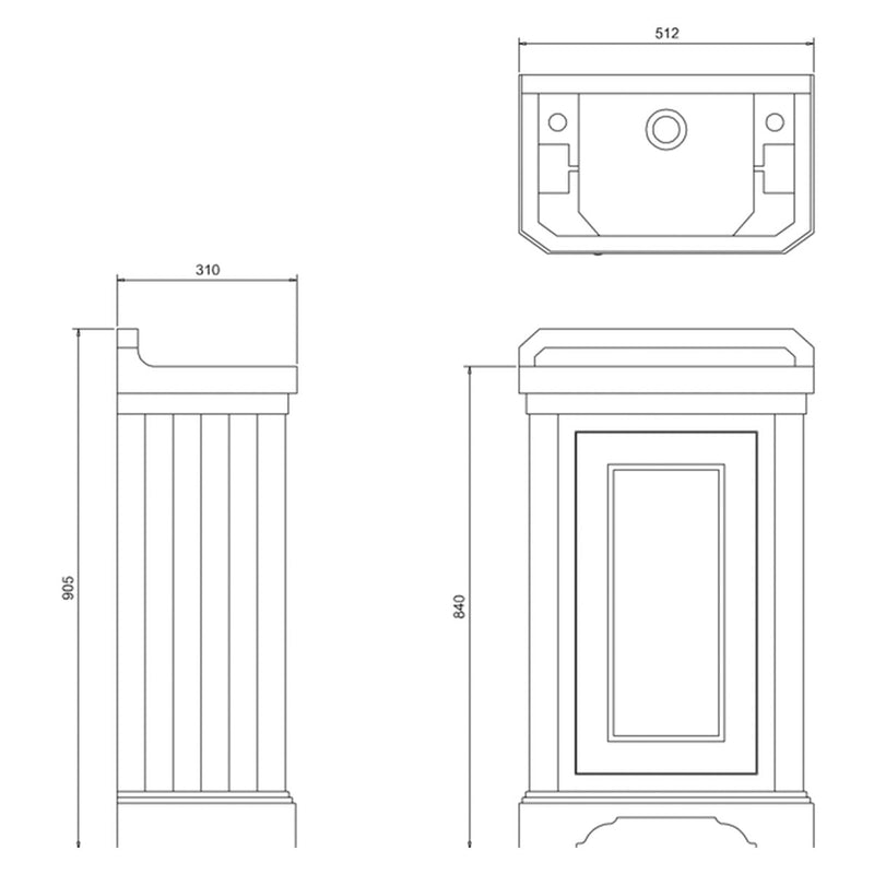 Burlington Edwardian 510mm Cloakroom Basin and Floorstanding Vanity Unit Classic Diagram Deluxe Bathrooms Ireland