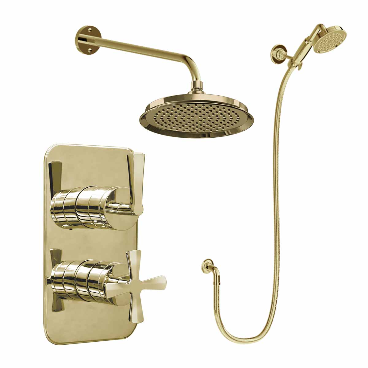 Burlington Riviera Shower Valve With Wall Mounted Fixed Overhead and Handset Gold Deluxe Bathrooms Ireland