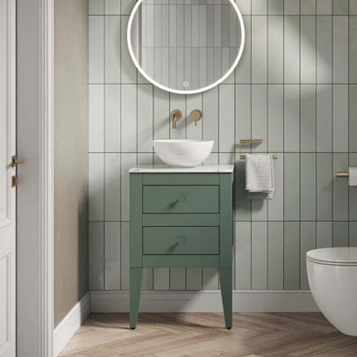 crosswater canvass 2 drawer wall hung vanity unit with carrara marble effect worktop sage green