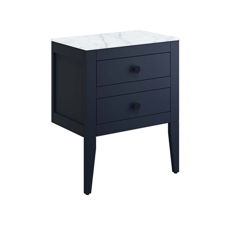 crosswater canvass 2 drawer wall hung vanity unit with carrara marble effect worktop deep indigo blue