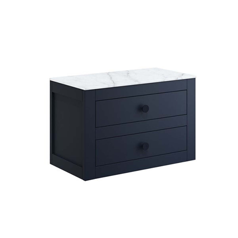 crosswater canvass 2 drawer wall hung vanity unit with carrara marble effect worktop deep indigo blue