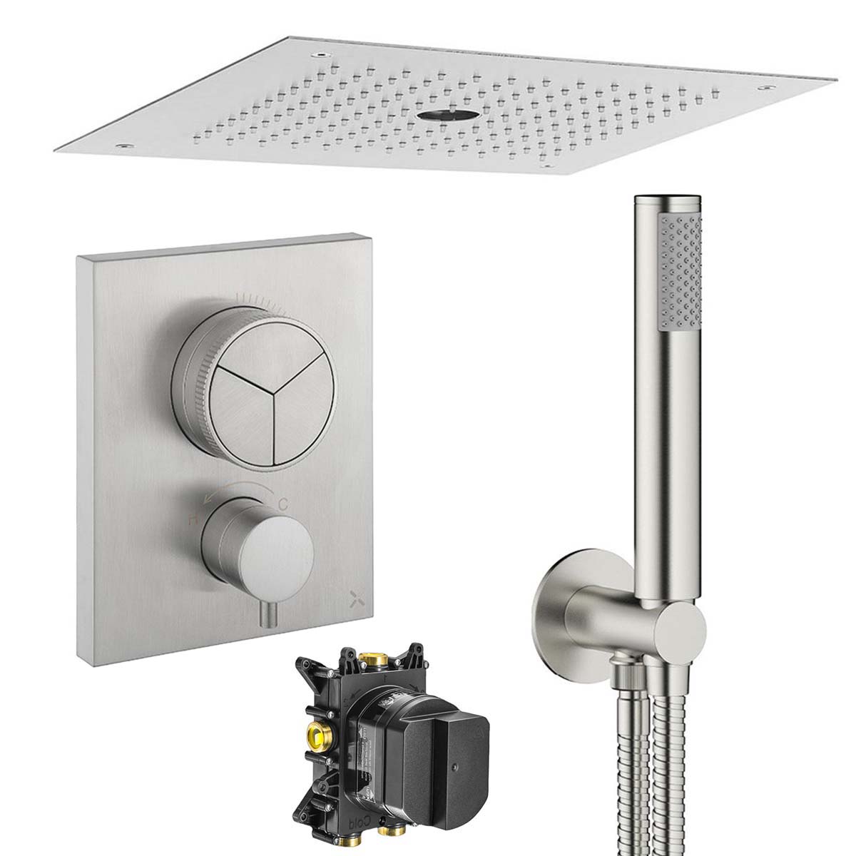 Crosswater MPRO 3 Outlet Push Button Thermostatic Shower Valve-With-Pencil-Handset and Fixed Overhead Brushed Stainless Steels