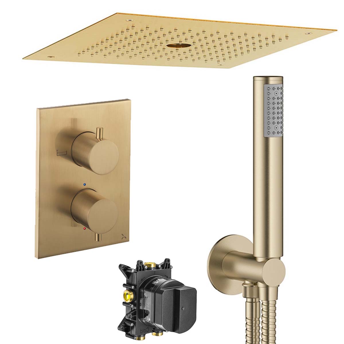 Crosswater MPRO 3 Outlet Thermostatic Shower Valve With Pencil Handset and Fixed Overhead Brushed Brass