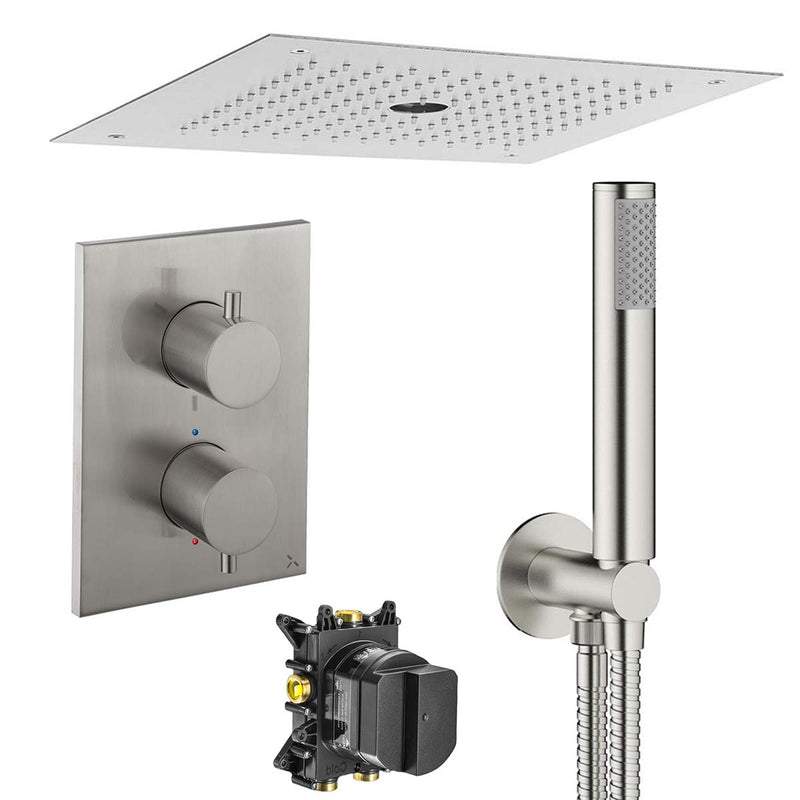 Crosswater MPRO 3 Outlet Thermostatic Shower Valve With Pencil Handset and Fixed Overhead Brushed Stainless Steel