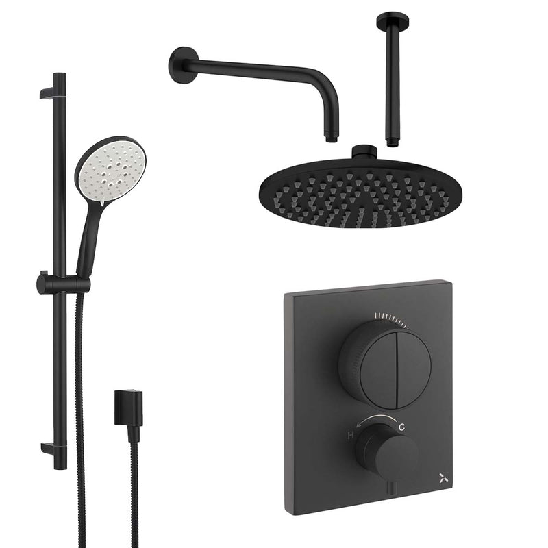 Crosswater MPRO Crossbox Push Dual Outlet Thermostatic Shower Valve With Slide Rail Handset and Fixed Overhead Matt Black