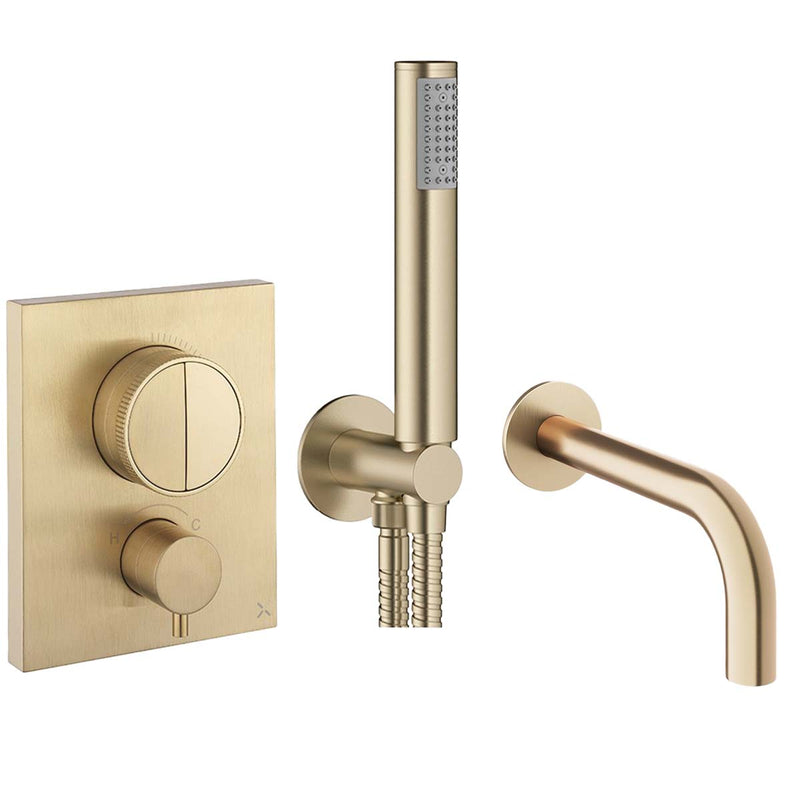 Crosswater MPRO Push Dual Outlet Thermostatic Shower Valve With Pencil Handset and Bath Spout Brushed Brass