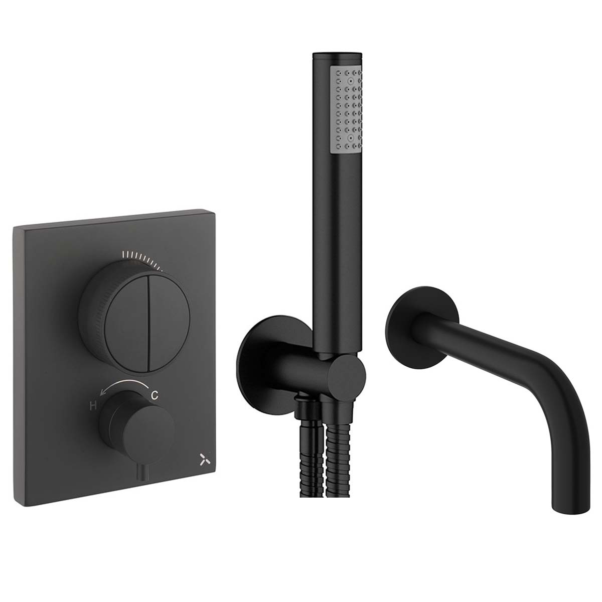 Crosswater MPRO Push Dual Outlet Thermostatic Shower Valve With Pencil Handset and Bath Spout Matt Black