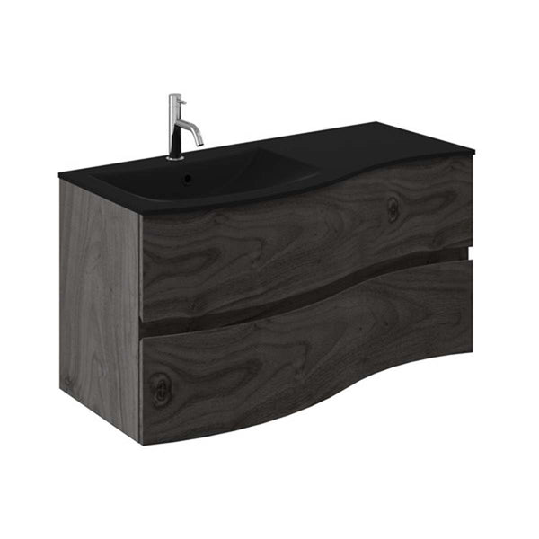 Crosswater Svelte 1000mm Double Drawer Wall Hung Vanity Unit With Midnight Black Glass Basin Grey Ash Veneer