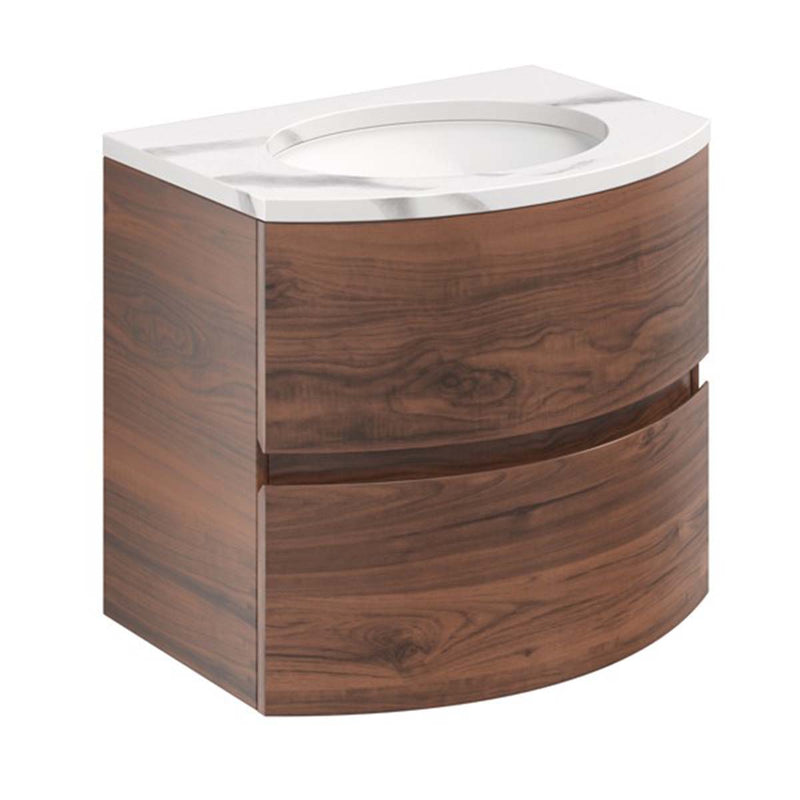 Crosswater Svelte 600mm Double Drawer Wall Hung Vanity Unit With Calcutta Marble Effect Basin American Walnut