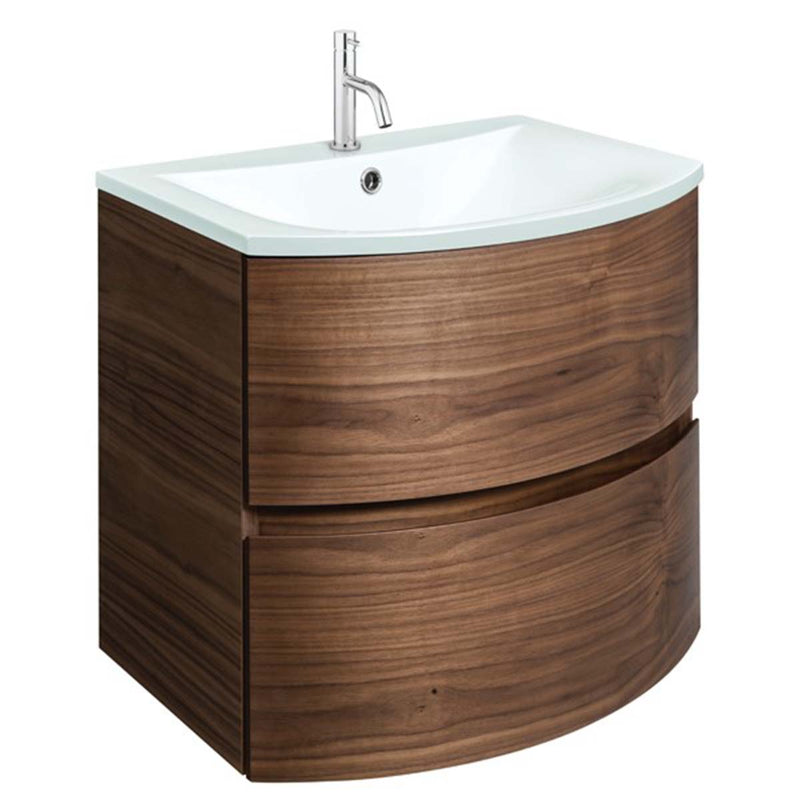 Crosswater Svelte 600mm Double Drawer Wall Hung Vanity Unit-With Ice White Glass Basin American Walnut