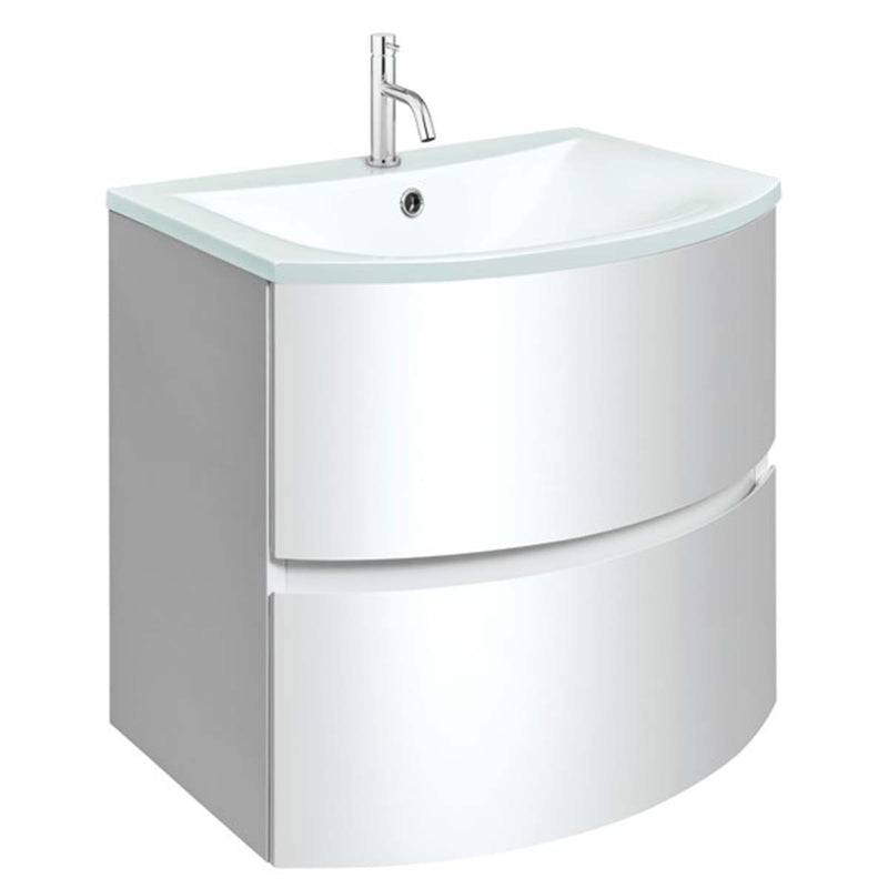 Crosswater Svelte 600mm Double Drawer Wall Hung Vanity Unit-With Ice White Glass Basin White Gloss