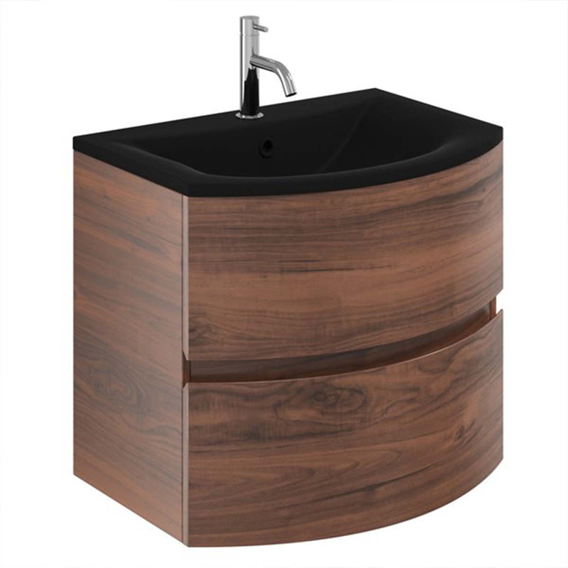 Crosswater Svelte 600mm Double Drawer Wall Hung Vanity Unit With Midnight Black Glass Basin American Walnut