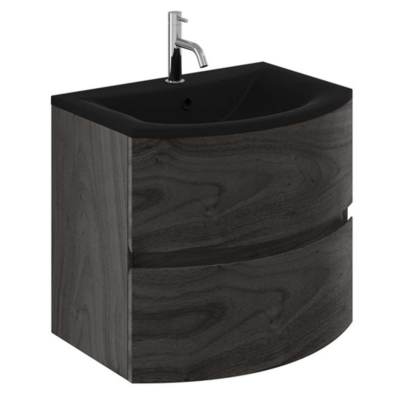 Crosswater Svelte 600mm Double Drawer Wall Hung Vanity Unit With Midnight Black Glass Basin Grey Ash Veneer